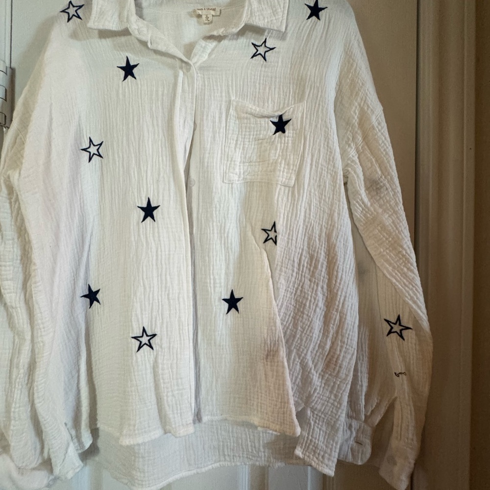 White Button-Up Shirt with Blue Star Embroidery